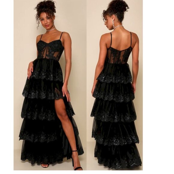 Lulus Dresses & Skirts - Lulus Alluring Sensation Black Tulle Embroidered Tiered Maxi Dress Small